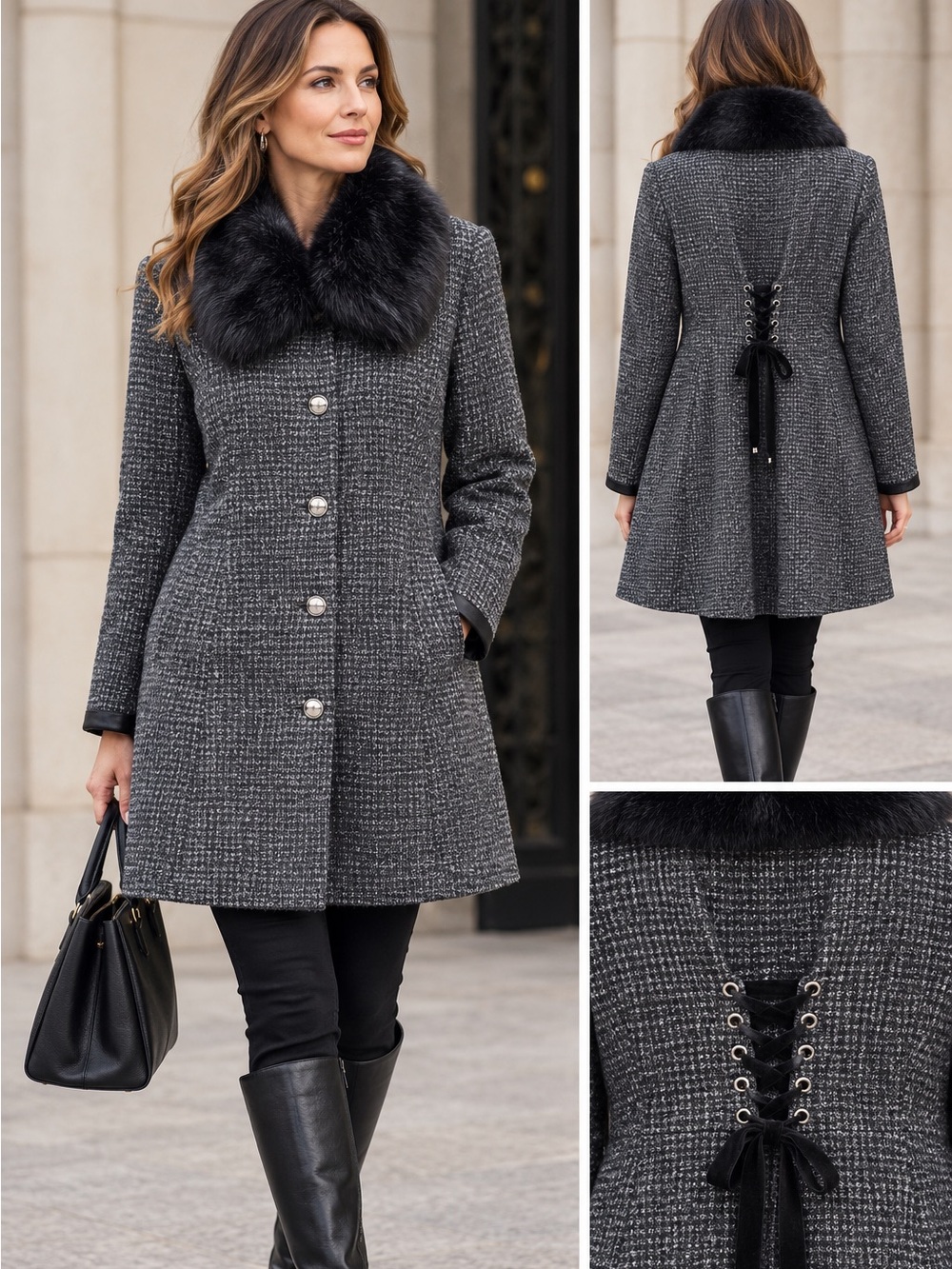 Liz Claiborne Wool Blend Tweed Coat Detachable Faux Fur Collar Lace-Up Back